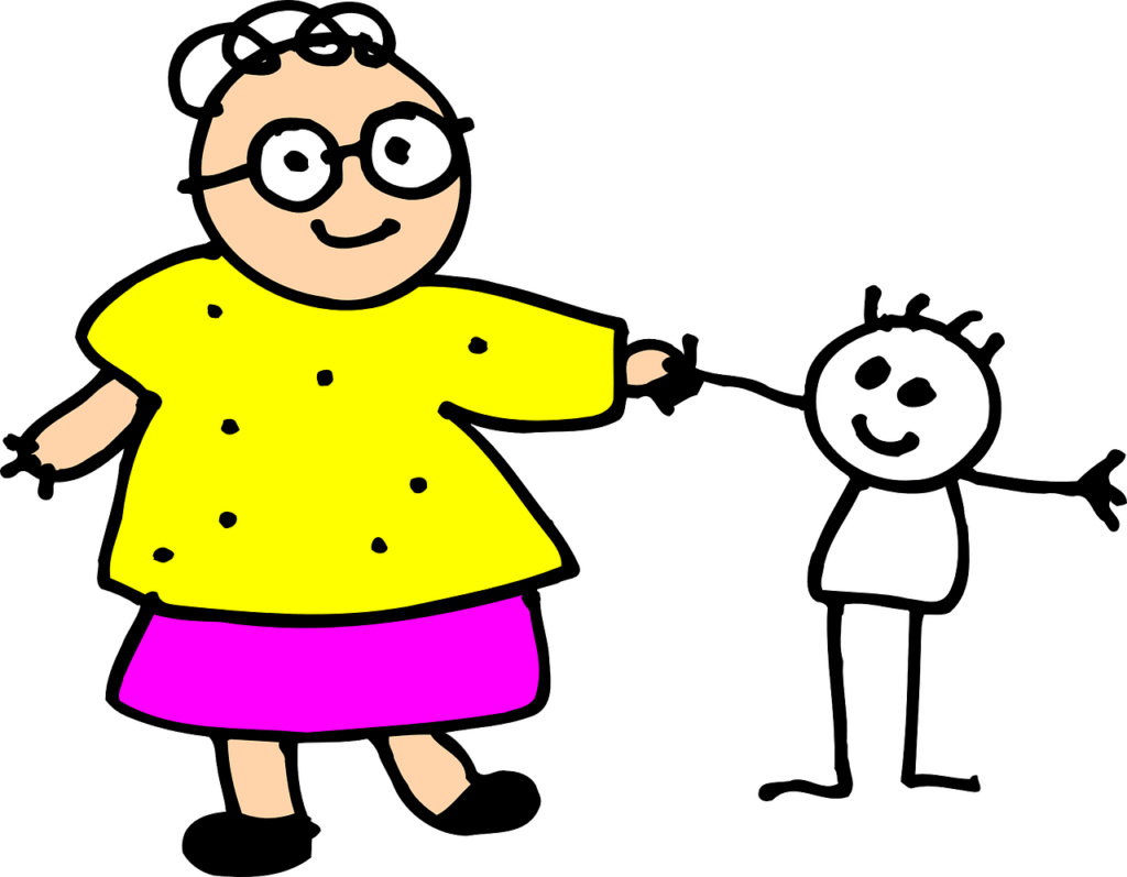 Cartoon-style drawing of a smiling grandmother in a yellow sweater and pink skirt, holding hands with a stick-figure child.