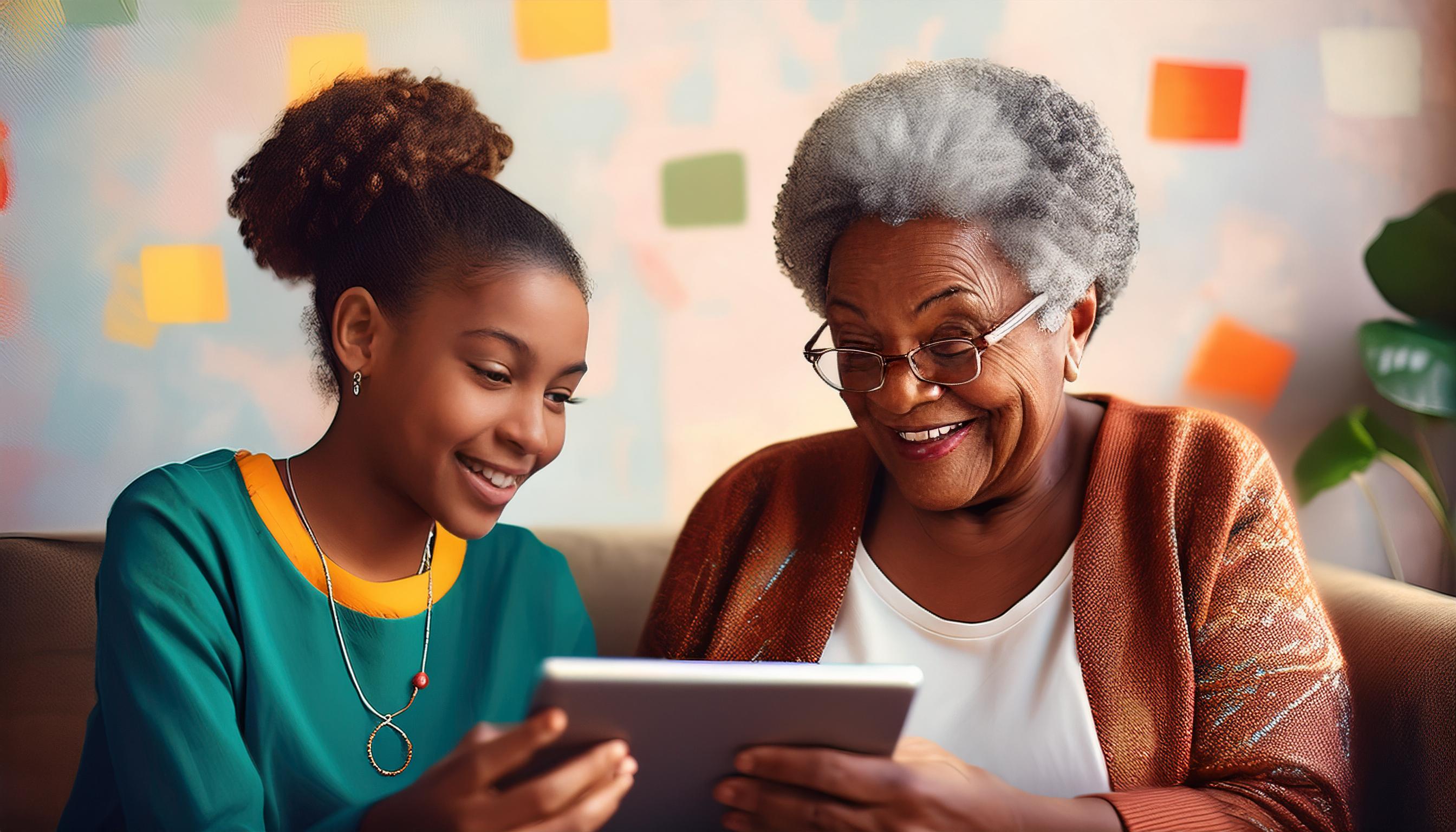 A smiling grandmother and granddaughter sitting together, engaging with a tablet and enjoying a shared gaming experience.
