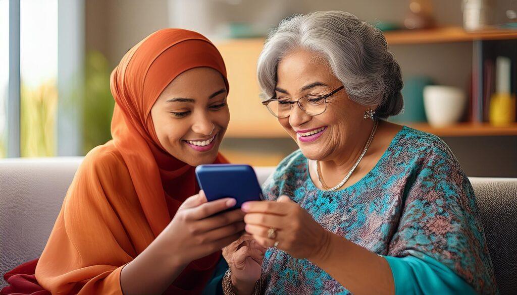 Grandmother and granddaughter sitting together, smiling while looking at a smartphone, sharing a joyful moment with technology.