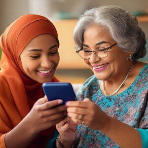 Grandmother and granddaughter sitting together, smiling while looking at a smartphone, sharing a joyful moment with technology.