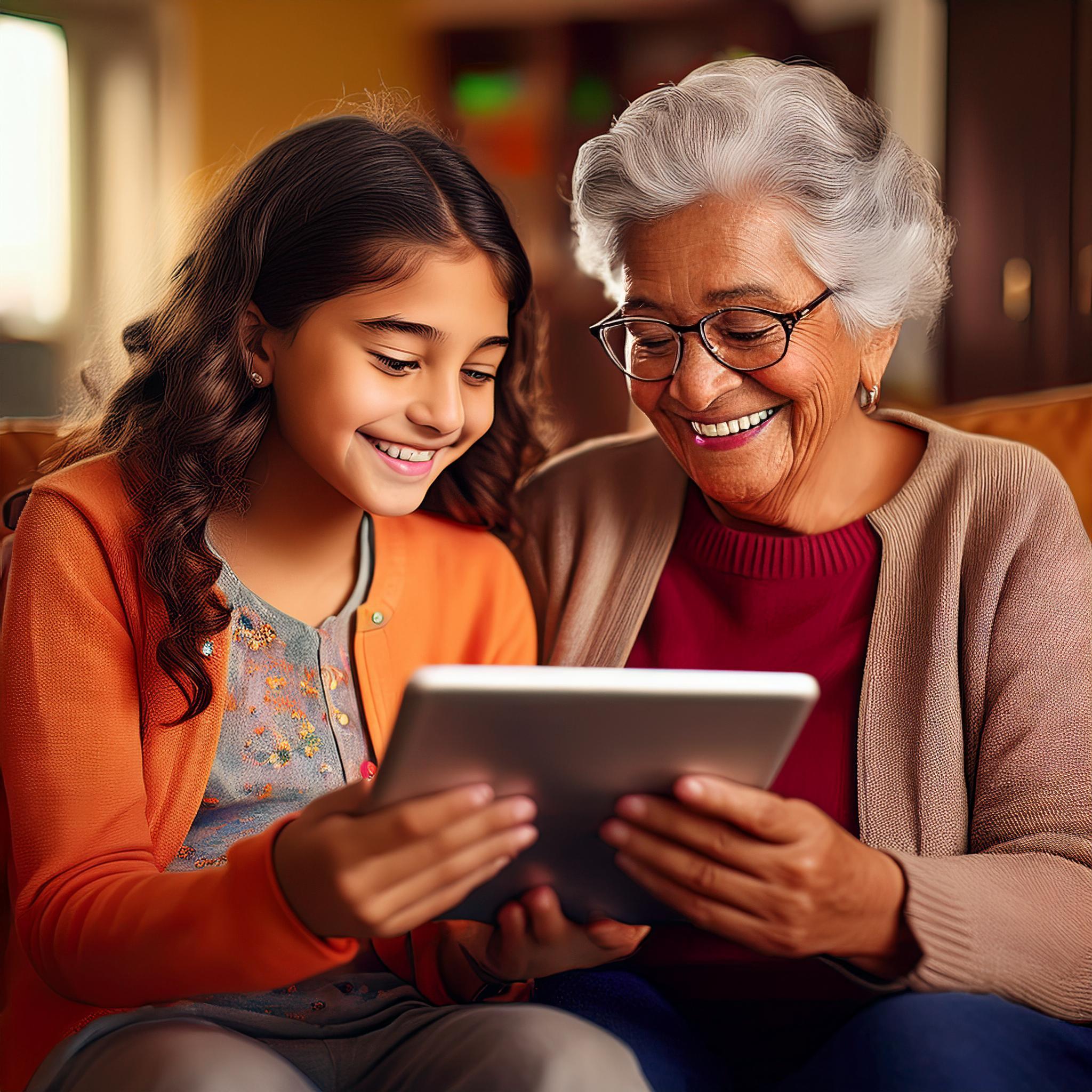 Smiling grandmother and granddaughter sitting together, using a tablet and enjoying a shared gaming experience.