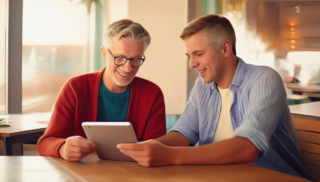 Grandfather and grandson smiling while looking at an iPad together on the couch