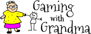 Logo for 'Gaming with Grandma' featuring a playful stick figure drawing and text.