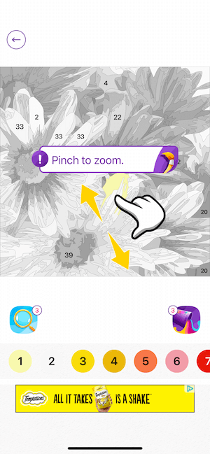 A screenshot of a color-by-numbers painting app displaying a grayscale image being filled with vibrant colors.