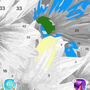 A screenshot of a color-by-numbers app in progress, showing a grayscale image with sections being filled in with vibrant colors.