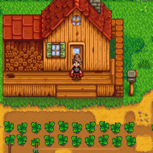 A Stardew Valley in-game screenshot showcasing a vibrant farm with crops, a barn, and a cozy farmhouse.