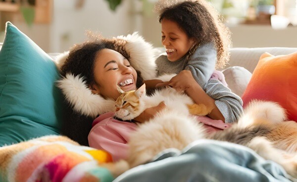 A joyful mother and daughter snuggling on a cozy couch with their fluffy orange and white cat.