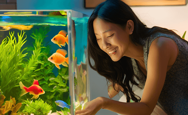 A smiling woman admiring colorful goldfish and aquatic plants in a beautifully maintained fish tank.
