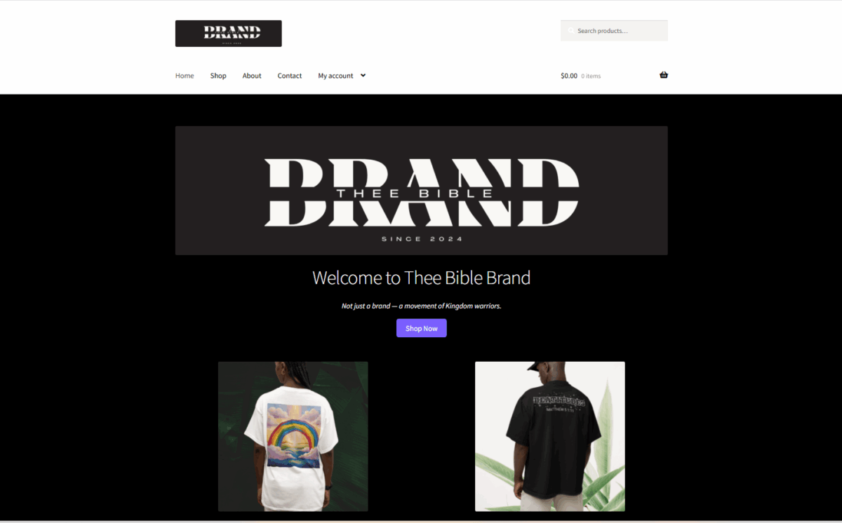 Screenshot of Thee Bible Brand, a faith-based clothing website designed by Rachel Copeland-Nunn