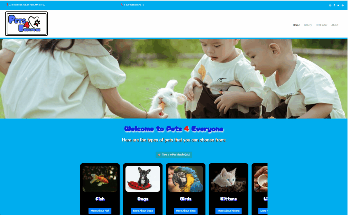 Screenshot of the homepage of the Pets 4 Everyone website, featuring animal icons and a welcome banner.