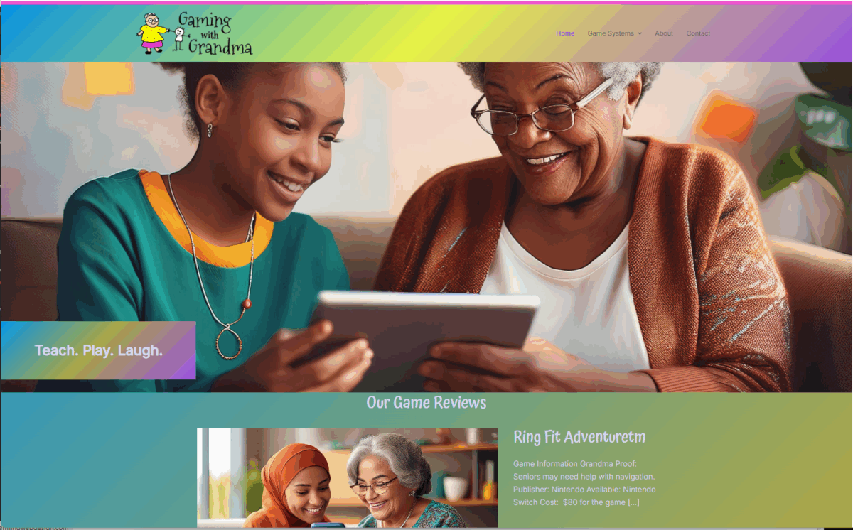 Screenshot of the Gaming with Grandma website showing a blog-style homepage with a child and elder playing video games.