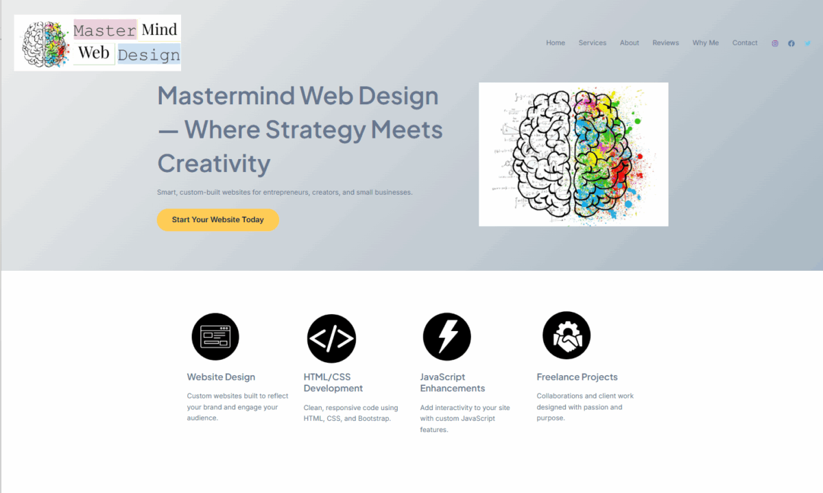 Screenshot of the Mastermind Web Design homepage featuring a clean layout with service icons and a creative brain logo.
