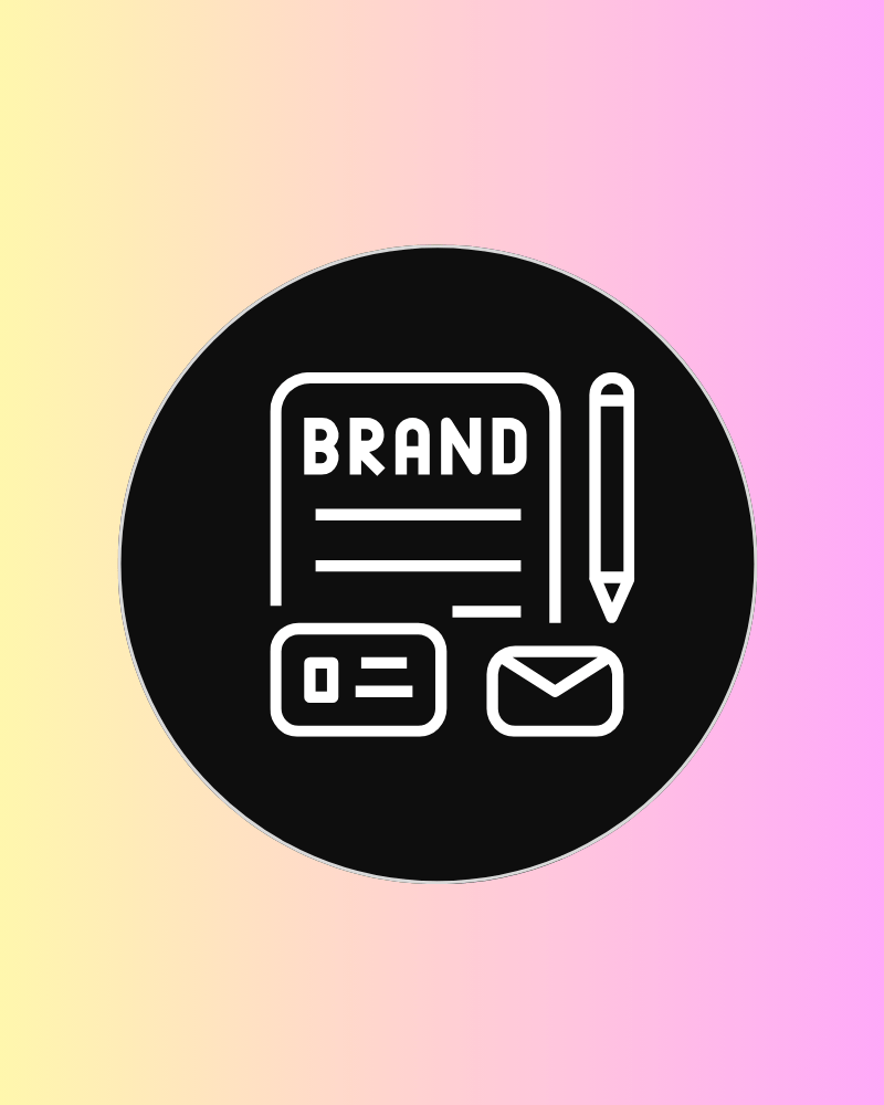 Icon representing branding and identity with a document, pencil, and envelope on a pink gradient background
