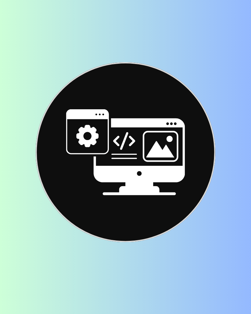 Website design and development icon showing a desktop monitor, gear, and image thumbnail on a green-to-blue gradient background