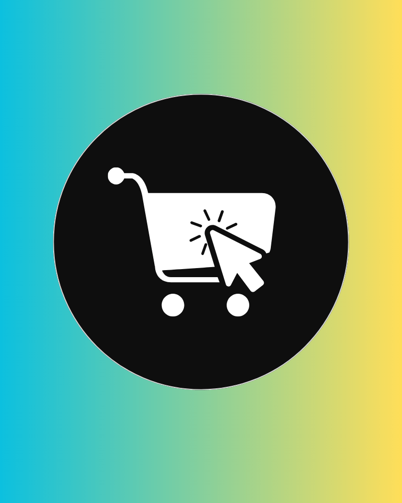 Shopping cart icon with a cursor click symbol on a teal-to-yellow gradient background representing online store setup